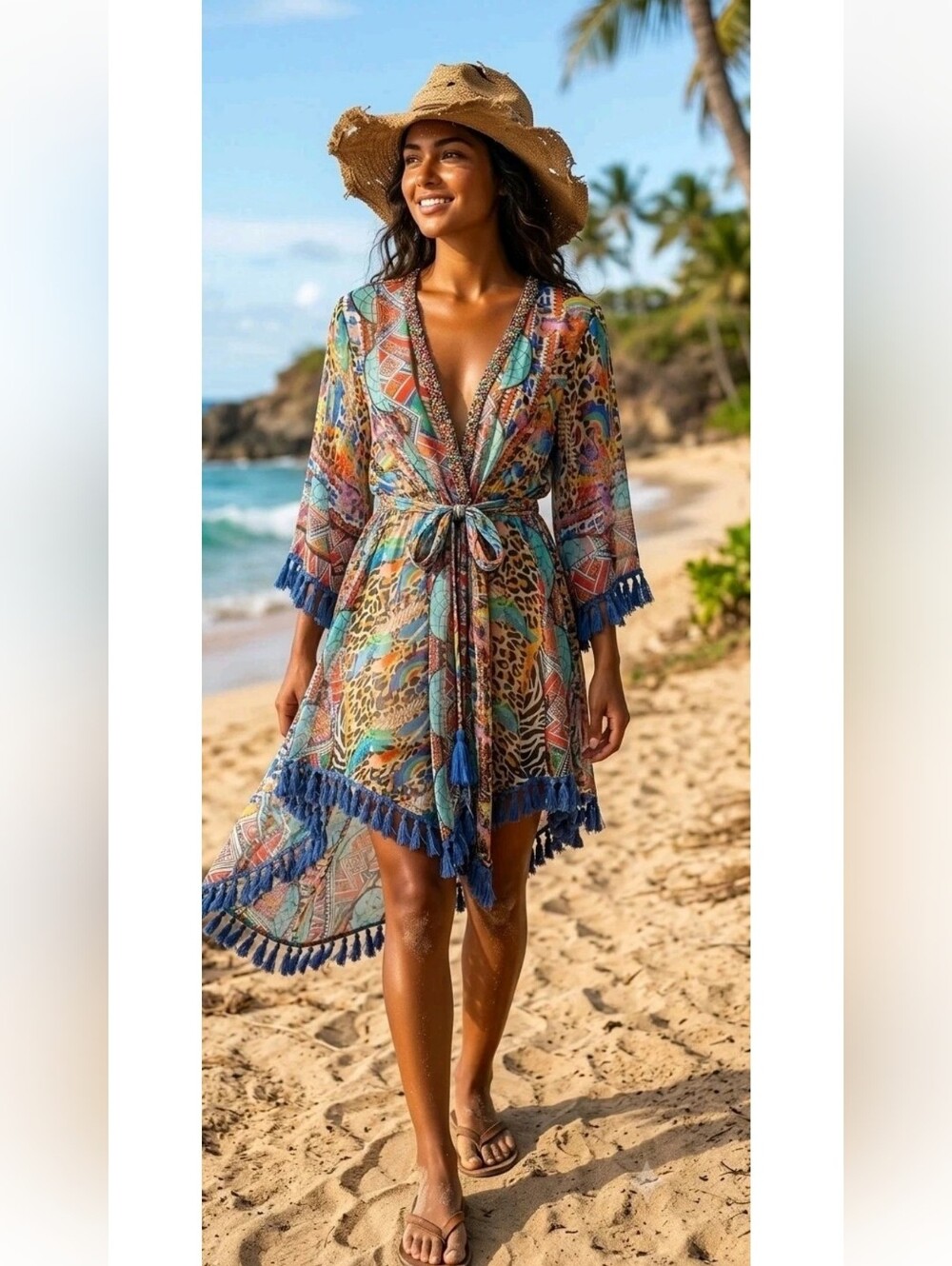 NWT! Antica Sartoria Chiffon Embellished Tassel Trim Wrap Cover-Up Dress! O/S